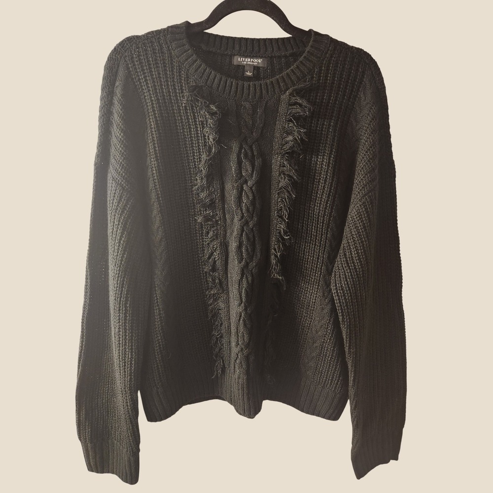 Liverpool Los Angeles Black Cable Knit Fringe Sweater Large Boho Western Grunge